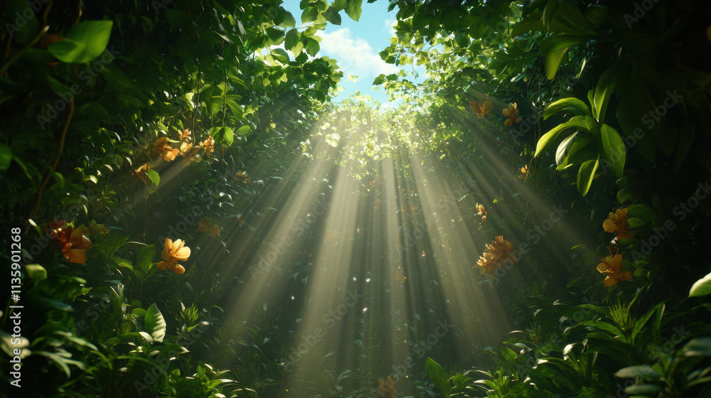 Obraz premium A serene forest scene with sunlight filtering through leaves, creating a tranquil atmosphere filled with nature's beauty.