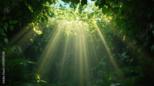 A serene forest scene showcasing sunlight streaming through lush green foliage, creating a tranquil and natural ambiance.
