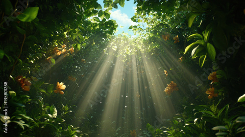 A serene forest scene with sunlight filtering through leaves, creating a tranquil atmosphere filled with nature's beauty.