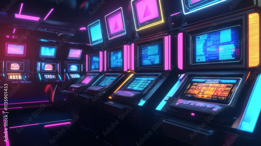 Neon Lit Retro Slot Machines In A Dark Casino Neon Lit Retro Slot Machines In A Dark Casino