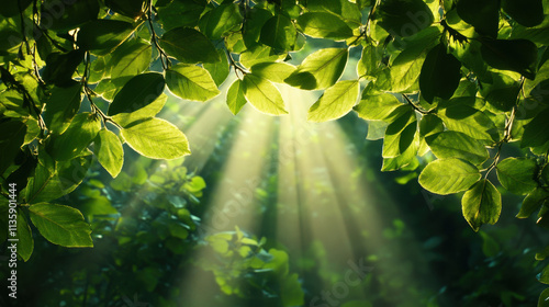 A serene scene of sunlight filtering through green leaves, creating a tranquil atmosphere in a lush forest.