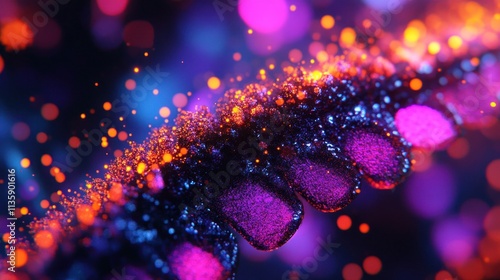 Glowing DNA strand with vibrant particles.