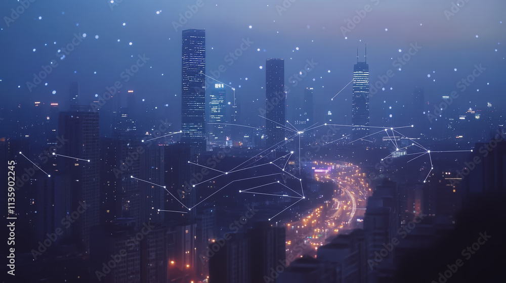 custom made wallpaper toronto digitalSmart digital Innovation city with connection network reciprocity over the cityscape. of future smart wireless digital city and social media networking systems that connects people with in city