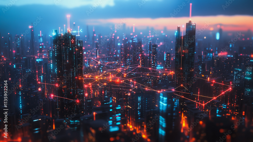 Smart digital Innovation city with connection network reciprocity over the cityscape. of future smart wireless digital city and social media networking systems that connects people with in city Smart digital Innovation city with connection network reciprocity over the cityscape. of future smart wireless digital city and social media networking systems that connects people with in city