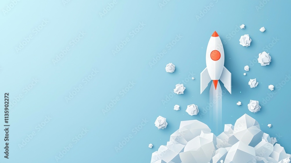 A stylized rocket soaring through clouds against a blue background, symbolizing innovation and exploration. A stylized rocket soaring through clouds against a blue background, symbolizing innovation and exploration.