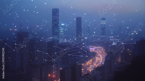 Wallpaper Mural Smart digital Innovation city with connection network reciprocity over the cityscape. of future smart wireless digital city and social media networking systems that connects people with in city Torontodigital.ca