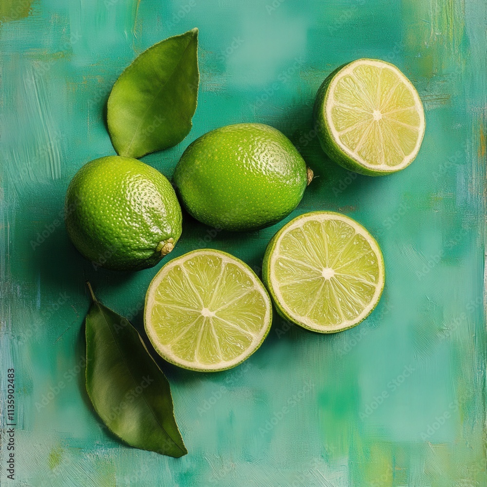 limes and leaves on a green background limes and leaves on a green background