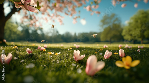 A serene landscape featuring blooming flowers, green grass, and soft sunlight, evoking the beauty of spring nature.