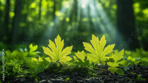 Sunlight filters through trees, illuminating vibrant green leaves on the forest floor, showcasing nature's beauty and tranquility.