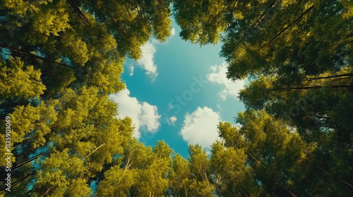 A serene view of a blue sky framed by lush green treetops, creating a peaceful natural setting ideal for relaxation and reflection.
