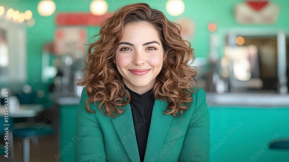 Obraz premium Happy Hispanic Woman Portrait Cafe Background Curly Hair Green Blazer