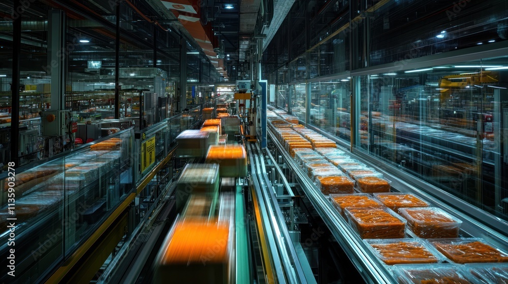 Food processing factory interior with automated conveyor belts carrying packaged products. Food processing factory interior with automated conveyor belts carrying packaged products.