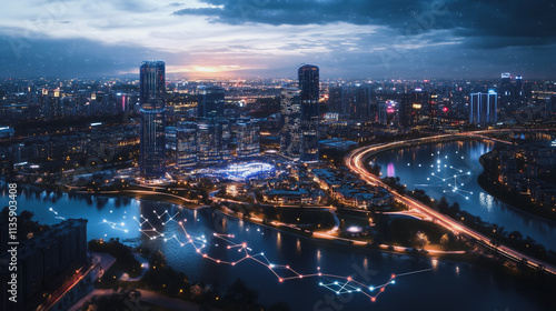 Wallpaper Mural Smart digital Innovation city with connection network reciprocity over the cityscape. of future smart wireless digital city and social media networking systems that connects people with in city Torontodigital.ca