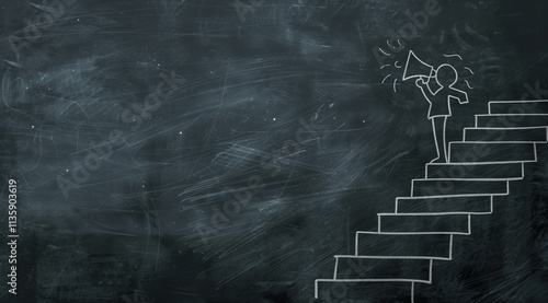 Chalkboard with a drawing of a person on top of a staircase with an upside down megaphone