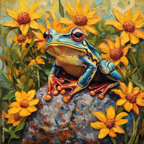 a colorful frog sits among yellow flowers in a painted style photo