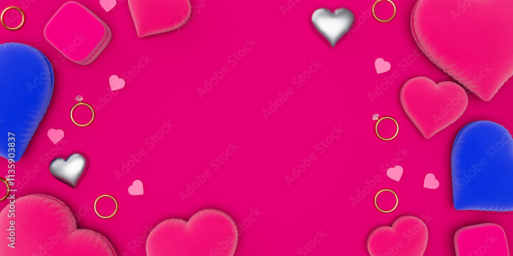 Obraz premium Valentine's Day-themed arrangement with hearts, rings, and gift boxes on a vibrant pink background. 3D Rendering