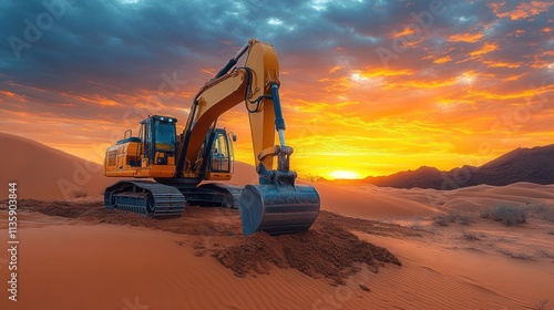 An excavator working on sand dunes during a vibrant sunset.