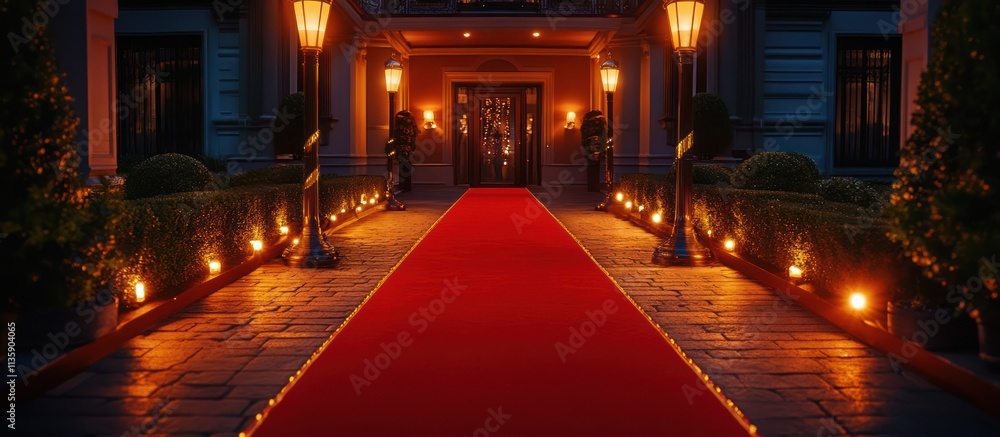 A red carpet leading up to the entrance of a grand building at night. The carpet is lit by string lights. A red carpet leading up to the entrance of a grand building at night. The carpet is lit by string lights.