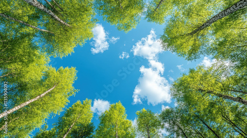 A lush view of green treetops against a bright blue sky, framed by fluffy clouds, creating a serene and peaceful atmosphere.