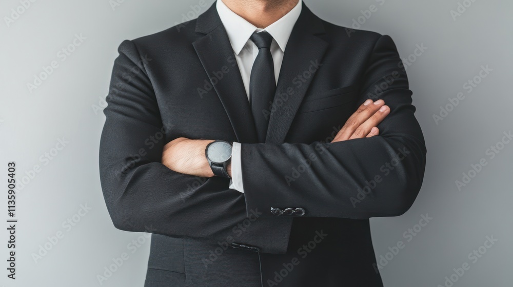 Confident businessman with arms crossed, wearing a black suit and tie. Confident businessman with arms crossed, wearing a black suit and tie.
