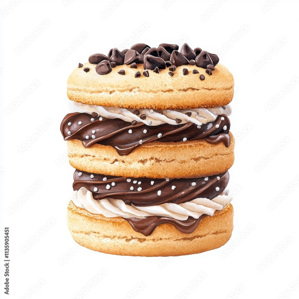 Watercolor illustration of a chocolate cookie sandwich, isolated on a white background, providing an elegant and artistic appearance. Watercolor illustration of a chocolate cookie sandwich, isolated on a white background, providing an elegant and artistic appearance.