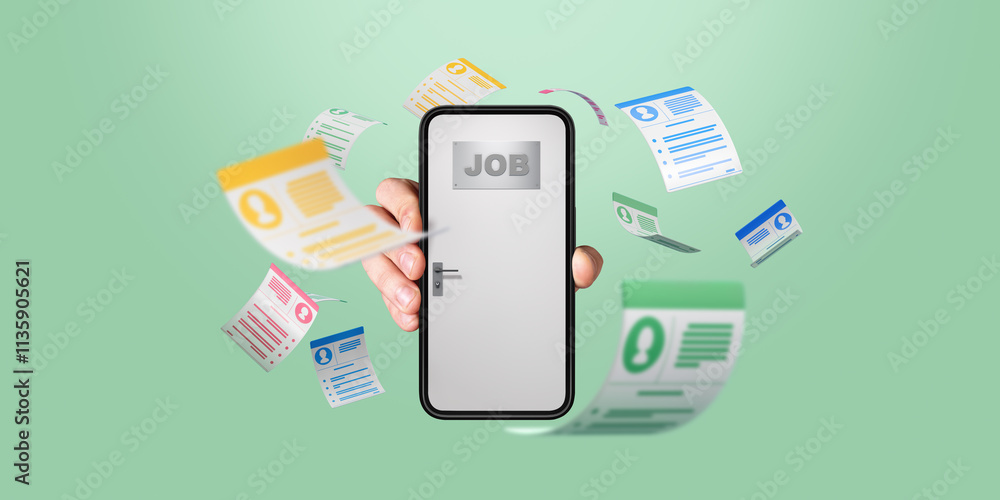 Smartphone displaying a job door held by a hand with floating resumes on a green background. Smartphone displaying a job door held by a hand with floating resumes on a green background.