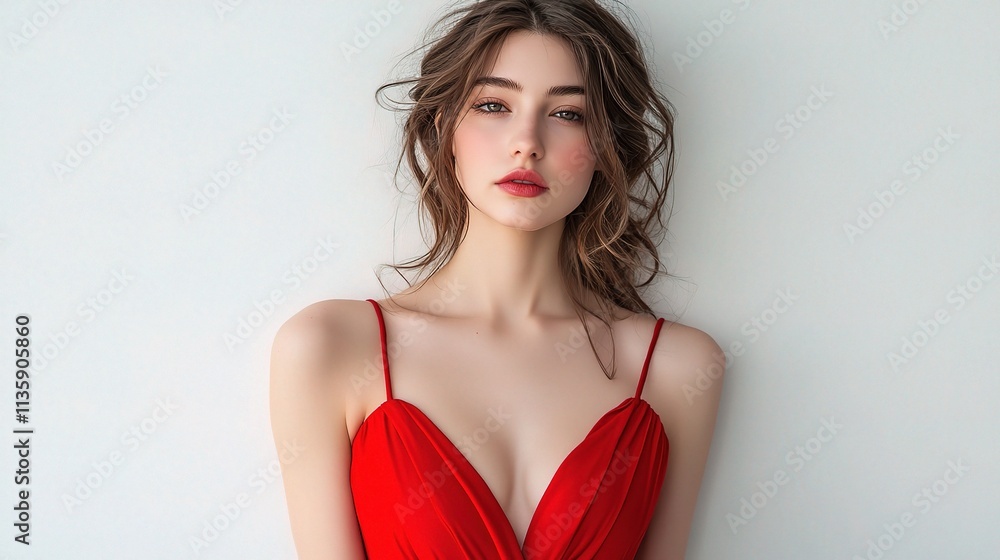 Elegant Young Woman in a Striking Red Dress with Natural Makeup Elegant Young Woman in a Striking Red Dress with Natural Makeup