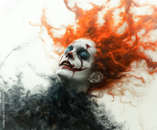 Distorted clown face, swirling colors.