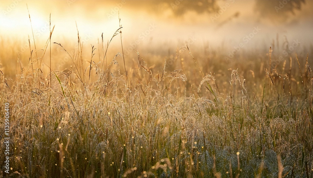 Obraz premium Dew-Kissed Meadow: A Golden Sunrise Landscape