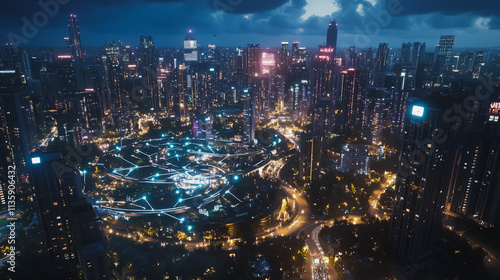 Wallpaper Mural Smart digital Innovation city with connection network reciprocity over the cityscape. of future smart wireless digital city and social media networking systems that connects people with in city Torontodigital.ca