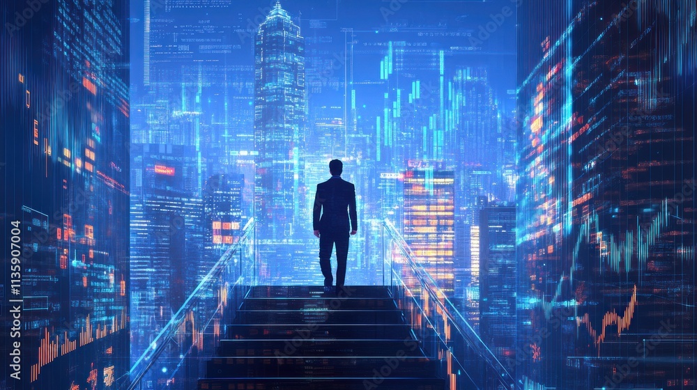 Businessman ascending steps towards a futuristic cityscape filled with data streams and graphs. Businessman ascending steps towards a futuristic cityscape filled with data streams and graphs.