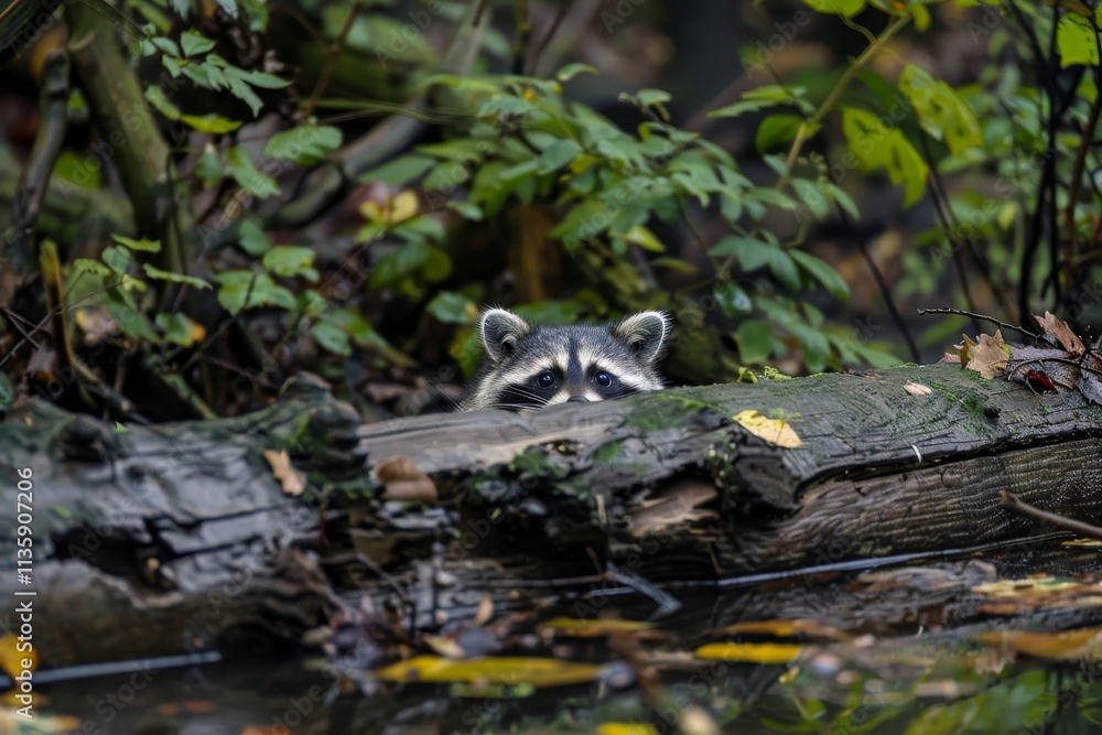 Obraz premium A raccoon peeks out from behind a fallen log in a forest stream, A curious raccoon peeking out from behind a fallen log