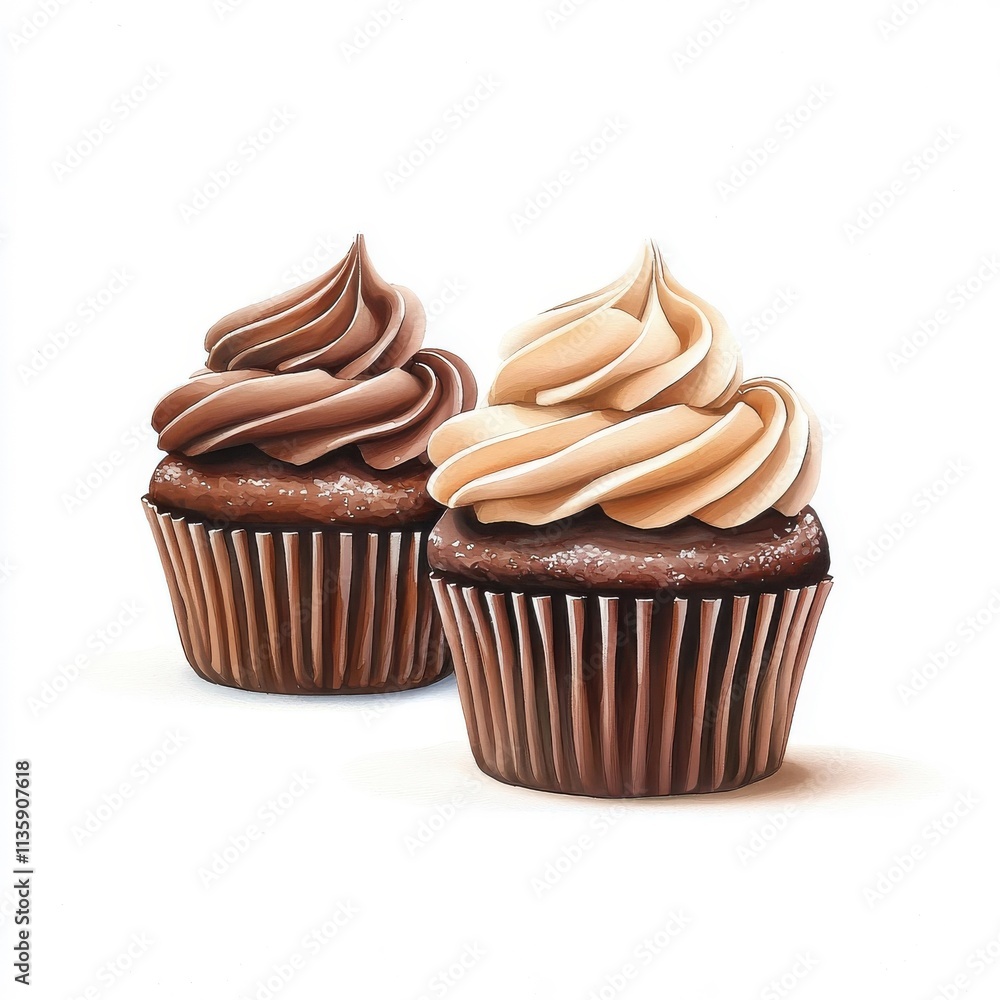 Watercolor-style chocolate cupcakes isolated on a white background, soft and artistic. Watercolor-style chocolate cupcakes isolated on a white background, soft and artistic.