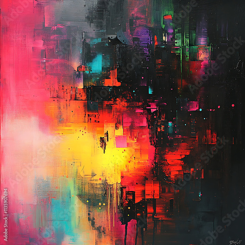 Vibrant Abstract Painting Inspired by Technology, Featuring Bold Colors and Dynamic Shapes to Evoke a Sense of Futuristic Exploration and Innovation