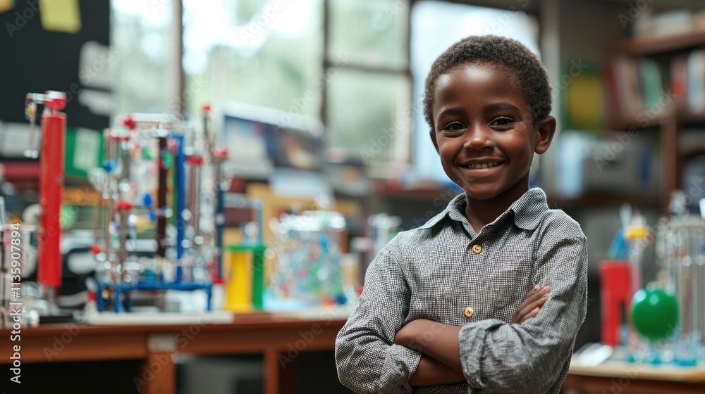 A child standing in front of a school science project, smiling proudly at their hard work. A child standing in front of a school science project, smiling proudly at their hard work.