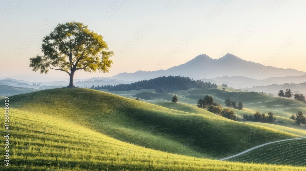 Obraz premium Serene Hillside Landscape Tree Rolling Hills Mountains Sunrise