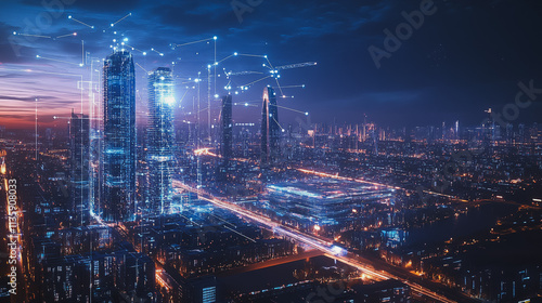 Wallpaper Mural Smart digital Innovation city with connection network reciprocity over the cityscape. of future smart wireless digital city and social media networking systems that connects people with in city Torontodigital.ca