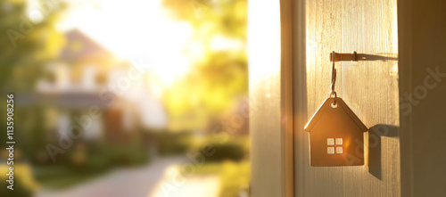 Wallpaper Mural A house-shaped keychain hanging on the door handle of an apartment, against a white background. A blurred house is in the background, with a banner that has a copy space area. Torontodigital.ca