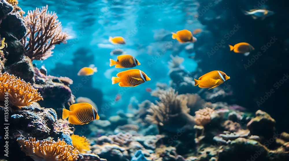 Fototapeta premium Vibrant coral reef with yellow fish. Underwater marine life.