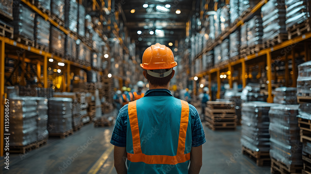 A warehouse manager in an orange hard hat is talking to a team of workers, standing near stacked boxes in an industrial setting.
A warehouse manager in an orange hard hat is talking to a team of workers, standing near stacked boxes in an industrial setting.