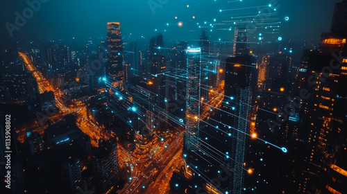 Wallpaper Mural Smart digital Innovation city with connection network reciprocity over the cityscape. of future smart wireless digital city and social media networking systems that connects people with in city Torontodigital.ca