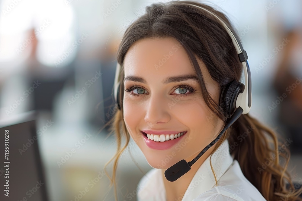 Smiling Customer Service Representative Wearing Headset in Modern Office, A customer service representative with a warm smile listening intently to a customer's concerns Smiling Customer Service Representative Wearing Headset in Modern Office, A customer service representative with a warm smile listening intently to a customer's concerns