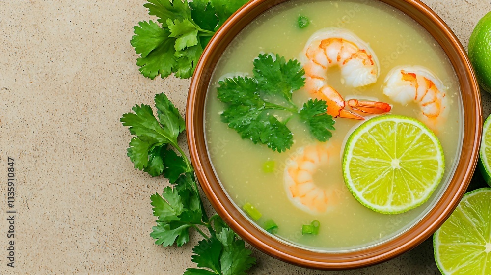 Fresh Shrimp Soup with Lime and Cilantro on Rustic Background Fresh Shrimp Soup with Lime and Cilantro on Rustic Background