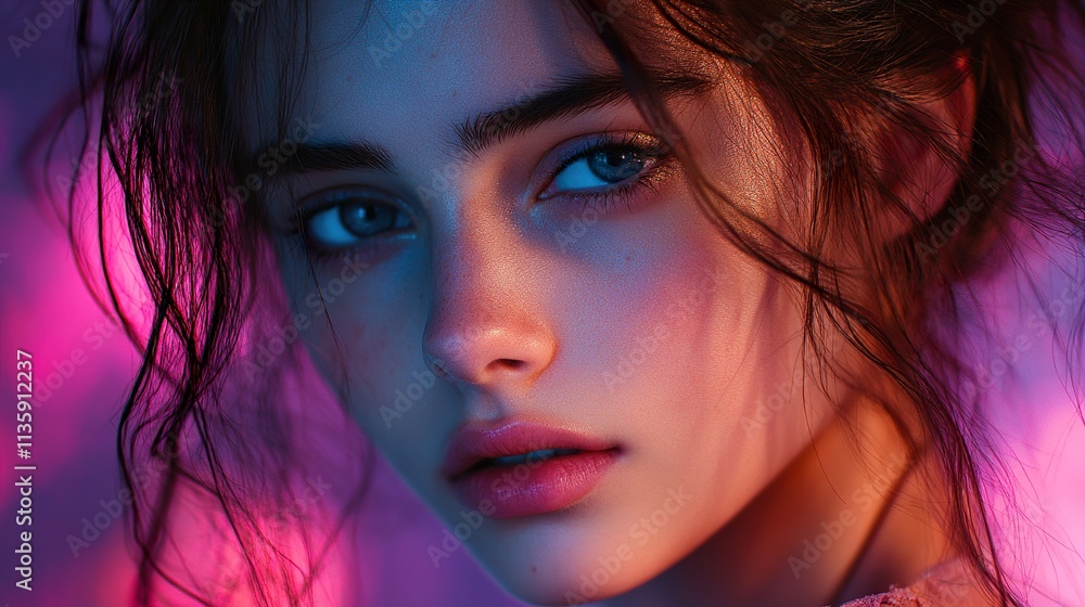 Close-up portrait of a young woman with vibrant makeup and lighting Close-up portrait of a young woman with vibrant makeup and lighting