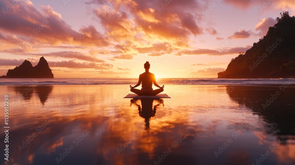 A serene figure meditates on a beach at sunset, reflecting tranquility and harmony with nature amid vibrant colors and peaceful surroundings. A serene figure meditates on a beach at sunset, reflecting tranquility and harmony with nature amid vibrant colors and peaceful surroundings.
