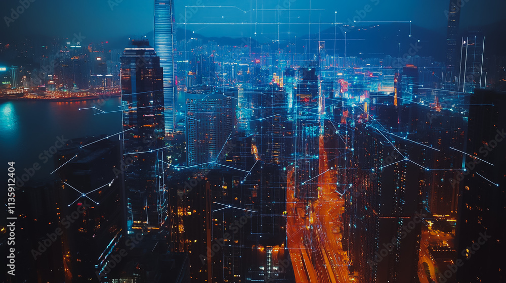 Obraz premium Smart digital Innovation city with connection network reciprocity over the cityscape. of future smart wireless digital city and social media networking systems that connects people with in city