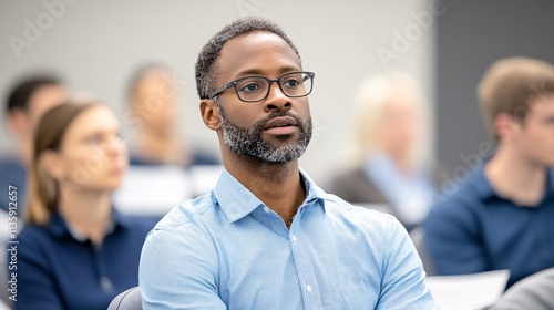 A focused man in a blue shirt listens attentively at a seminar, surrounded by other attendees in a professional setting. photo