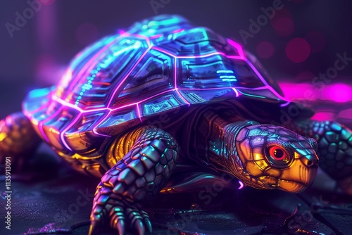 A close-up of a cybernetic turtle with glowing neon lights, A cybernetic turtle with glowing neon lights and futuristic technology photo