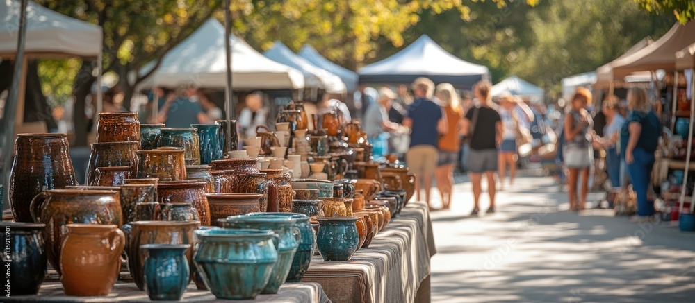Colorful ceramic pottery displayed on a table at a bustling outdoor market. Colorful ceramic pottery displayed on a table at a bustling outdoor market.
