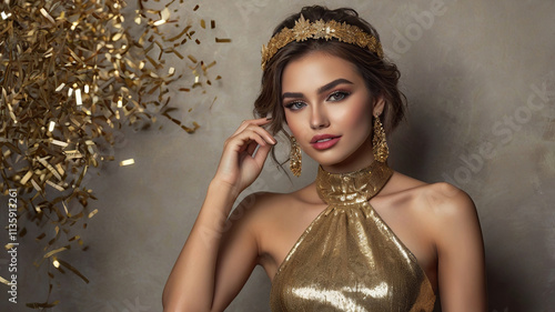 Girl in Golden Dress Celebrating New Year
